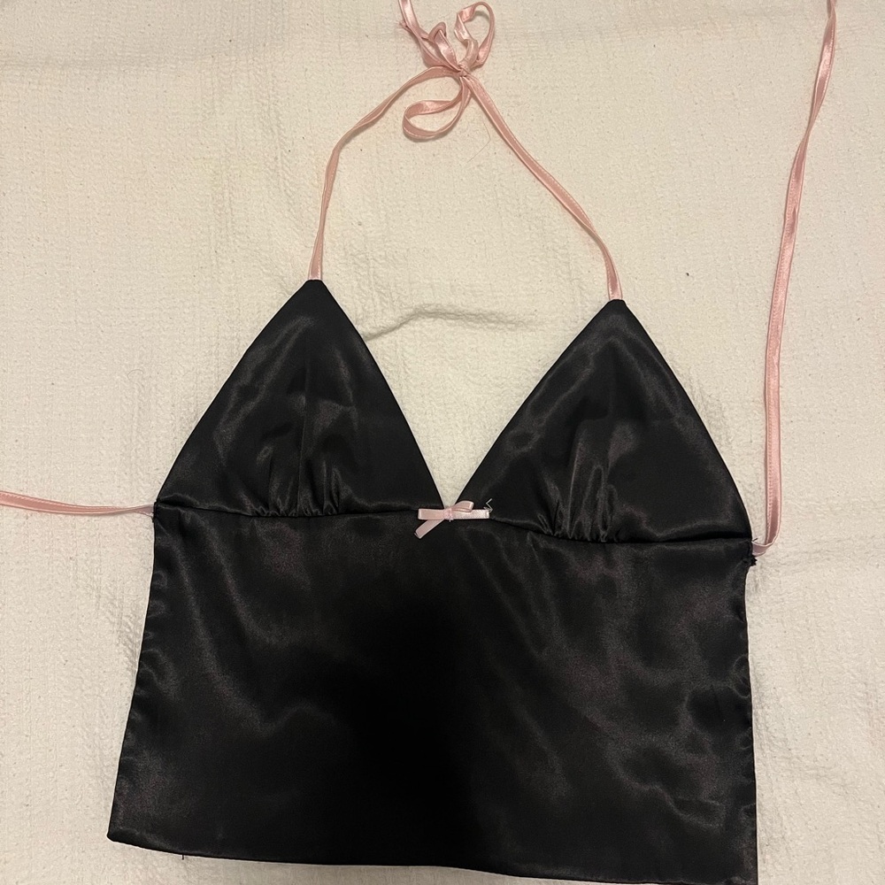 Edited Black Satin Top with Pink Straps